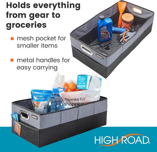 High Road CargoCube Car Storage Bin - Leakproof Car Trunk Storage Organizer with Metal Handles and Front Mesh Pocket (Square)
