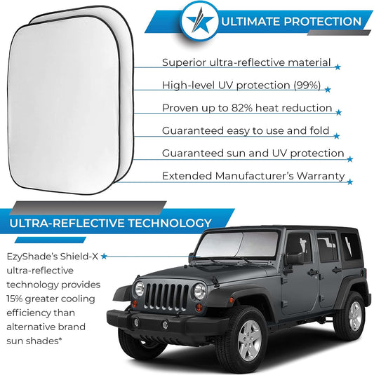 EzyShade Windshield Sun Shade with Shield-X Reflective Technology. See Size-Chart with Your Vehicle. Foldable 2-Piece Car Sunshades Reflect UV Sun and Heat and Protect Your Car. Standard (Medium) Size