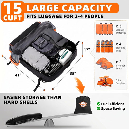 Sailnovo Aerodynamic Rooftop Cargo Carrier Bag, 15 Cubic Feet Waterproof Car Top Carrier for All Vehicles with/Without Racks, Holds Luggage for 2-4, Includes Anti-Slip Mat, Storage Bag, Luggage Lock
