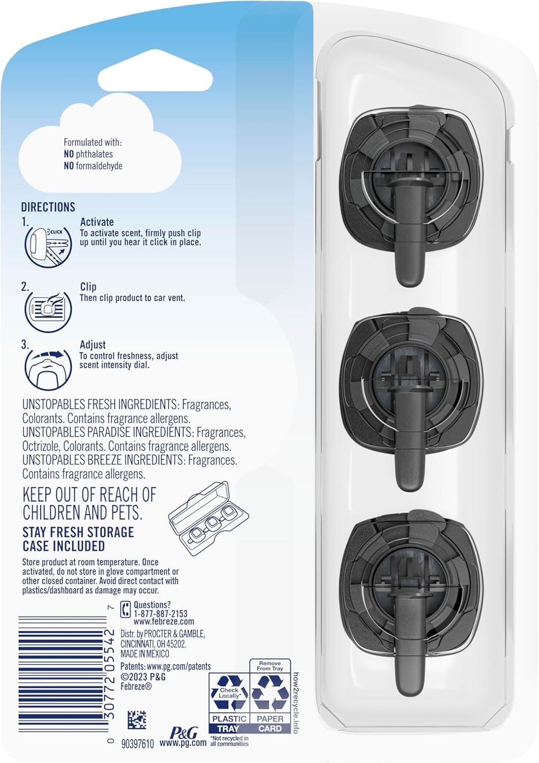 Febreze Car Air Freshener Odor-Fighting Car Vent Clip, Unstopables Variety Pack, 3-Count Pack of 3