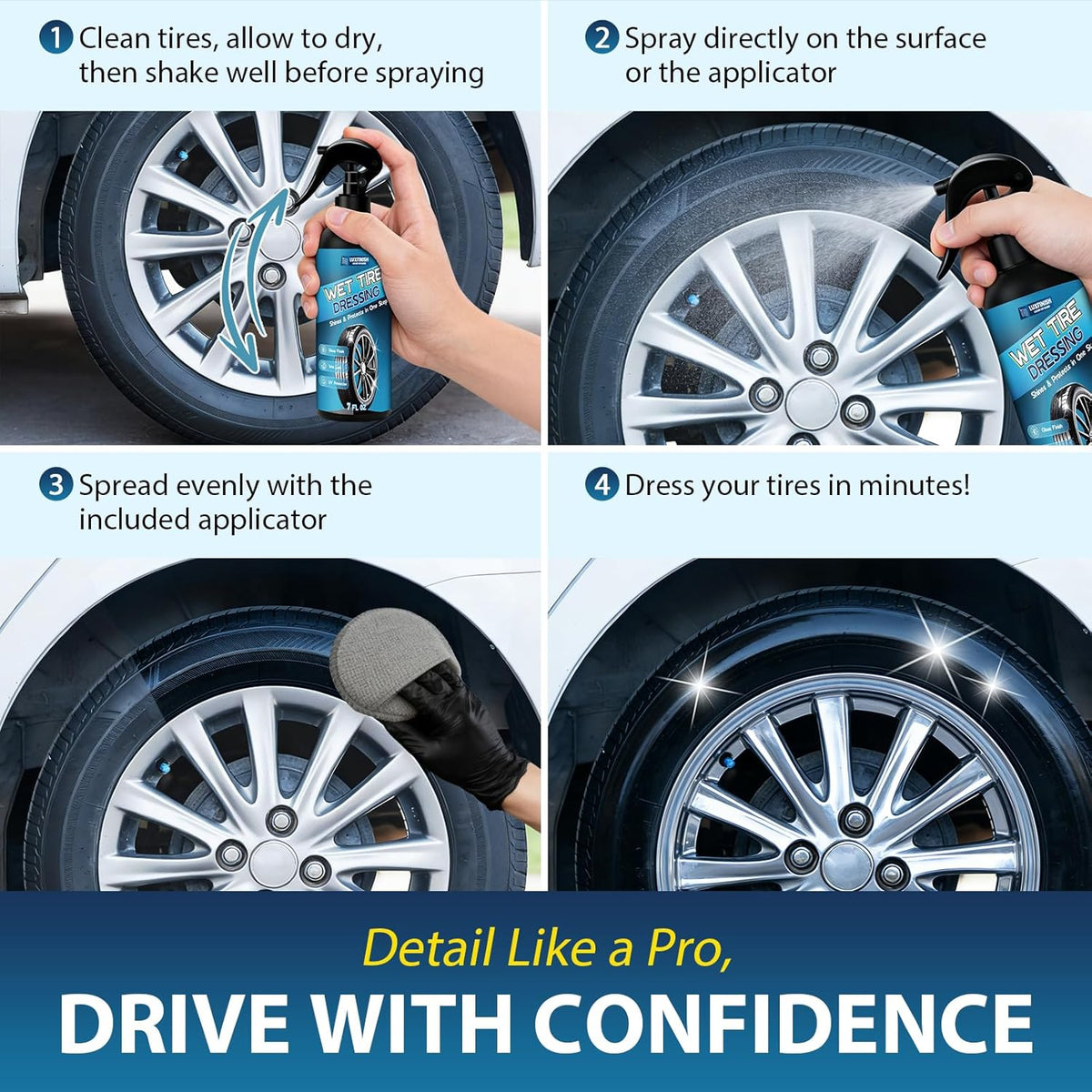 Tire Shine Spray – High Gloss Wet Look with UV Protection, Deep Black Finish for Tires & Trim, Long Lasting Car Tire Dressing for Cars Trucks SUVs Motorcycles RVs, 7oz