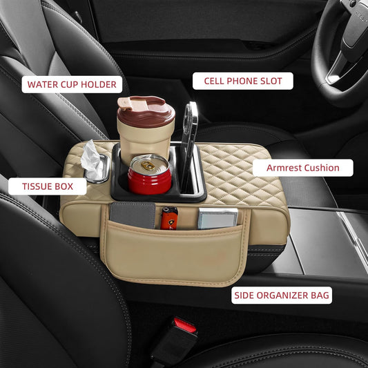 5 in 1 Car Center Console Cover, Armrest Pad with 2 Storage Pockets, Cup Holder, Tissue Slot, Phone Holder, Nappa Leather Memory Foam Car Accessories for SUV Sedan Truck (Black)