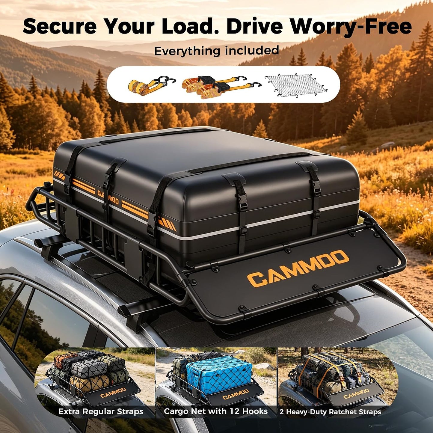 CAMMOO 54"x34" Roof Rack Basket, Removable Fairing & Support Bars for Kayaks/Long Gear, 15 Cu.Ft Waterproof Soft Bag+Lock+Net+Strap–200Lbs Capacity Rooftop Cargo Carrier for SUV Truck Camping