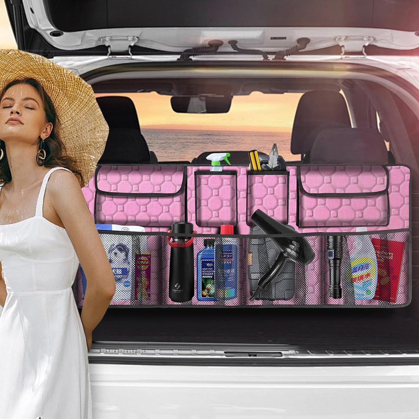 esouler Car Trunk Organizer, Super Capacity Backseat Car Organizer for SUV/Truck/MPV(42"*18"), Hanging Car Storage Organizer with 8 Pocekts, Car Accessories for Women and Men- Black