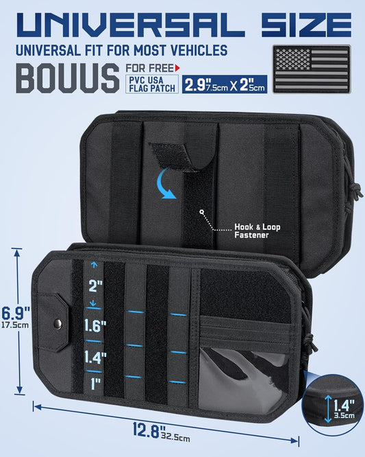 Molle Car Sun Visor Organizer with Zipper Storage Pouch & Glasses Holder, Auto Semi-Rigid MOLLE Panel for Police Gear & Overland Accessories, Fit Most Cars, Trucks, Patrols & Vans