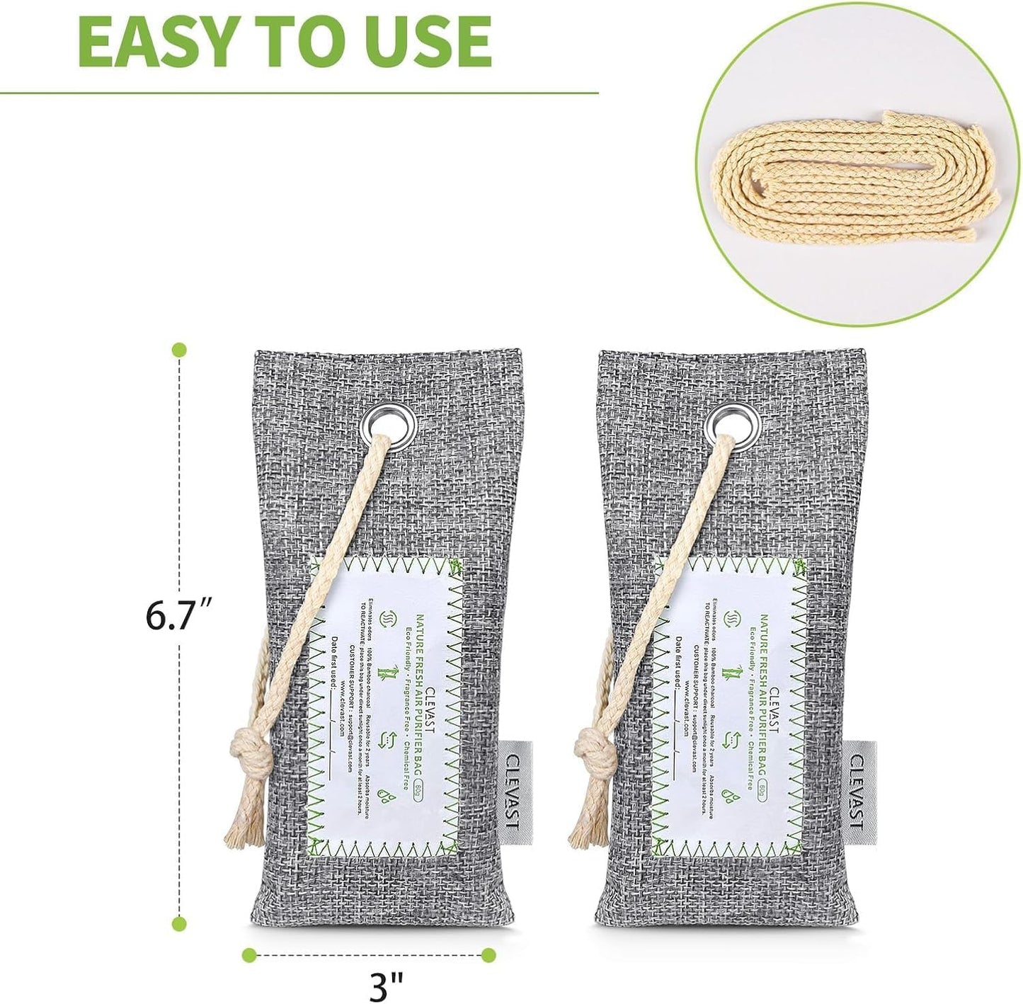 CLEVAST Bamboo Charcoal Air Purifying Bags - (Large, 4×200g), Removes Odors and Moisture, Nature Fresh Air Purifier Bags, Odor Eliminator for Home, Car, Pets, Bathroom, Basement