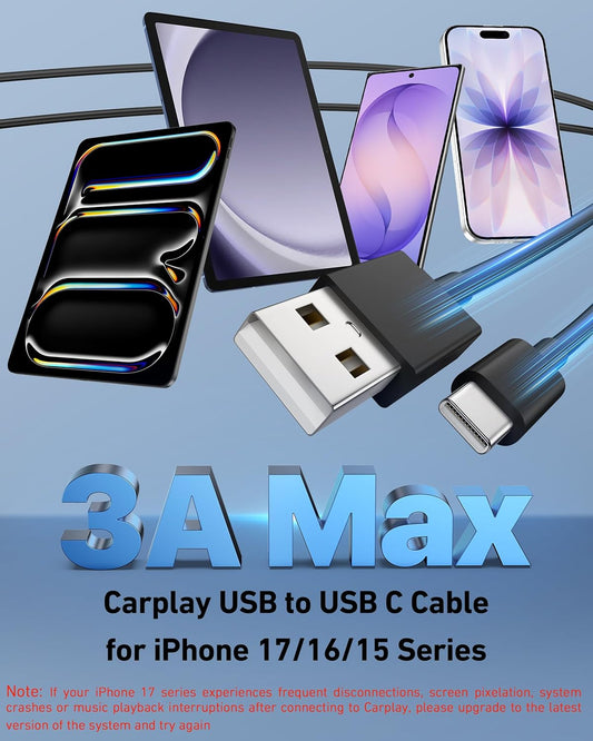 Car Carplay Cable for iPhone 17/17 Pro/Air/17e/16/15 Pro Max/Plus Cable, 2Pack USB A to USB C for CarPlay USBC Cord, iPad, Galaxy, Pixel, Android Accessories Charging Wire Type-C Car Charger Cord 3FT