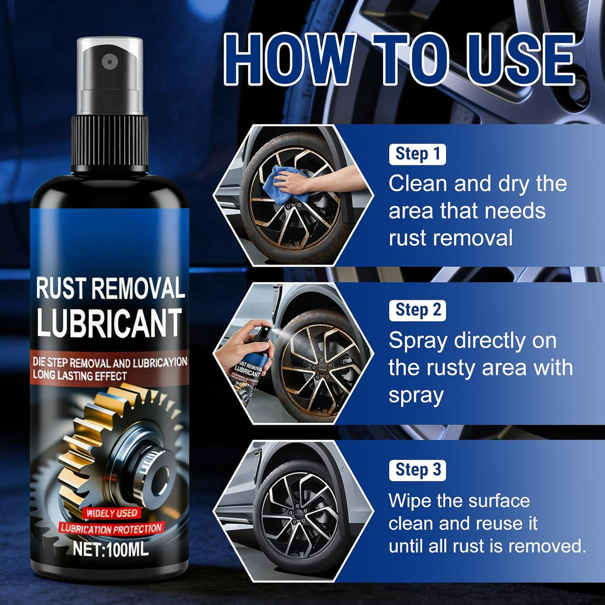 2Pcs Rust Remover Spray for Metal, Iron Rust Stain Remover, Multi-Functional Quick-Acting Powder Remover Spray for Vehicles, Tools, Chains