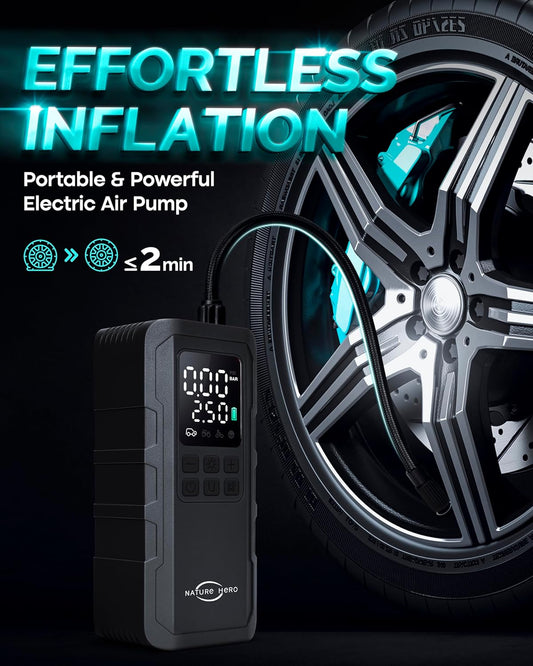 Tire Inflator Portable Air Compressor - 7500mAh Air Pump for Car Tires, 150PSI Cordless Tire Pump with Pressure Gauge & LED Lights - 3X Faster for Car, Motorcycle, Balls and Bicycle, Black