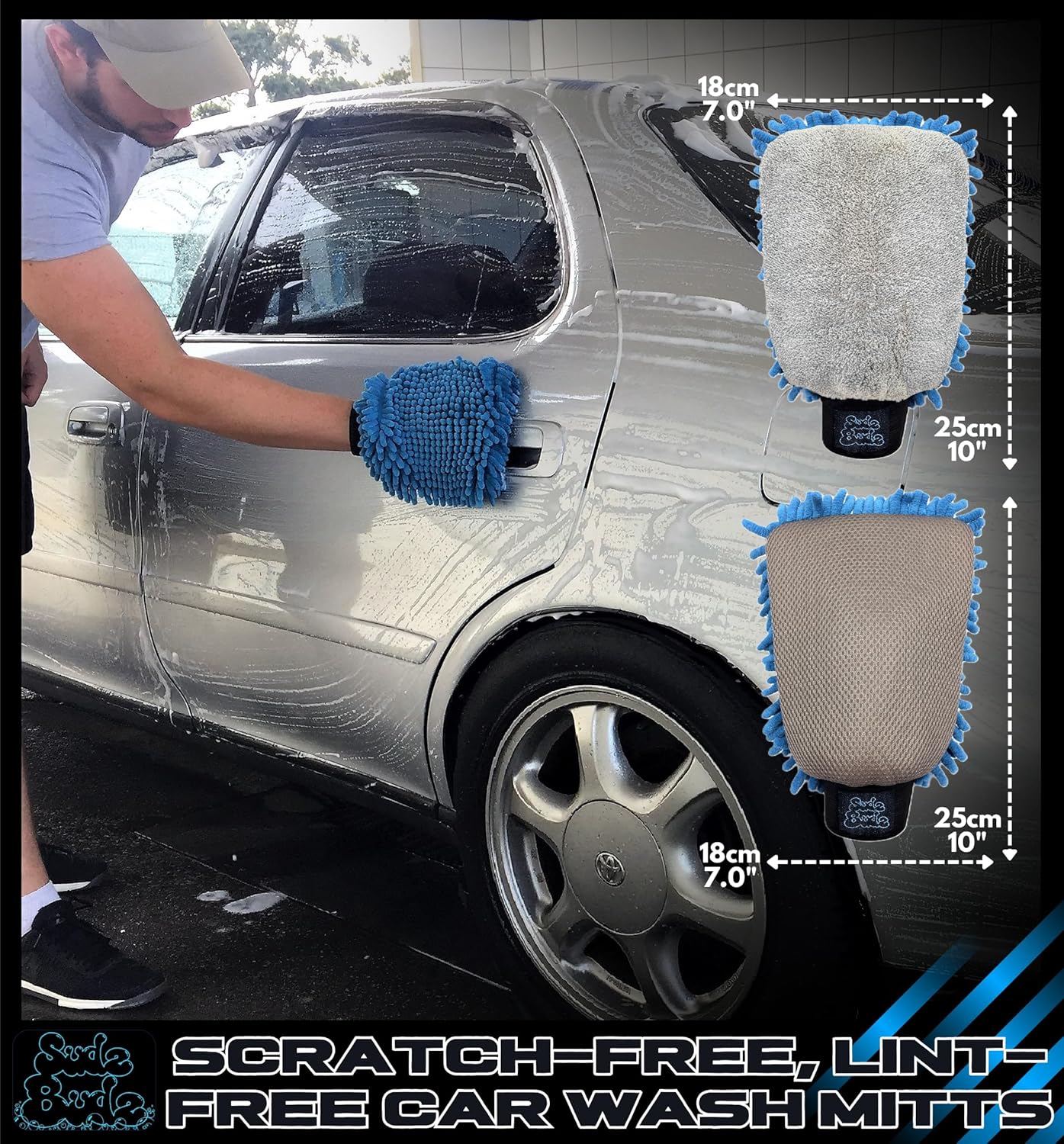 Sudz Budz® Premium Microfiber Chenille Car Washing Mitt 2 Pack | 2-in-1 Double-Sided Scrubber and Fleece Mitts. Soft, Durable, No Scratch, Lint-Free Washing and Detailing for Exterior Car Care