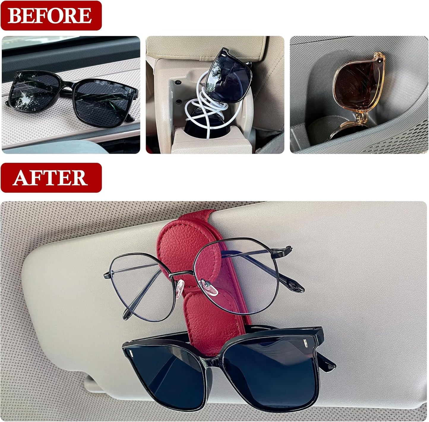 KIWEN Sunglasses Holder for Car Visor, Magnetic Leather Sunglass Eyeglass Hanger Clip for Car Sun Visor Accessories (1, Black)