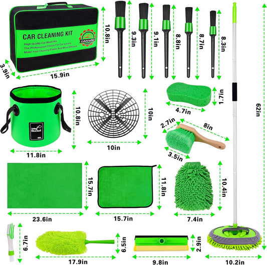 Lezcufer 17Pcs Car Wash Kit,62" Car Wash Brush Mop with Long Handle,Car Cleaning Kit,Car Detailing Brush Set,Car Wash Bucket,Car Wheel Brush,Complete Interior Car Cleaning Supplies