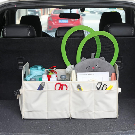 AOKJOY Car Trunk Organizer Car Storage Organizer Collapsible Multi Compartment Car Organizer Adjustable Straps for SUV(Beige)