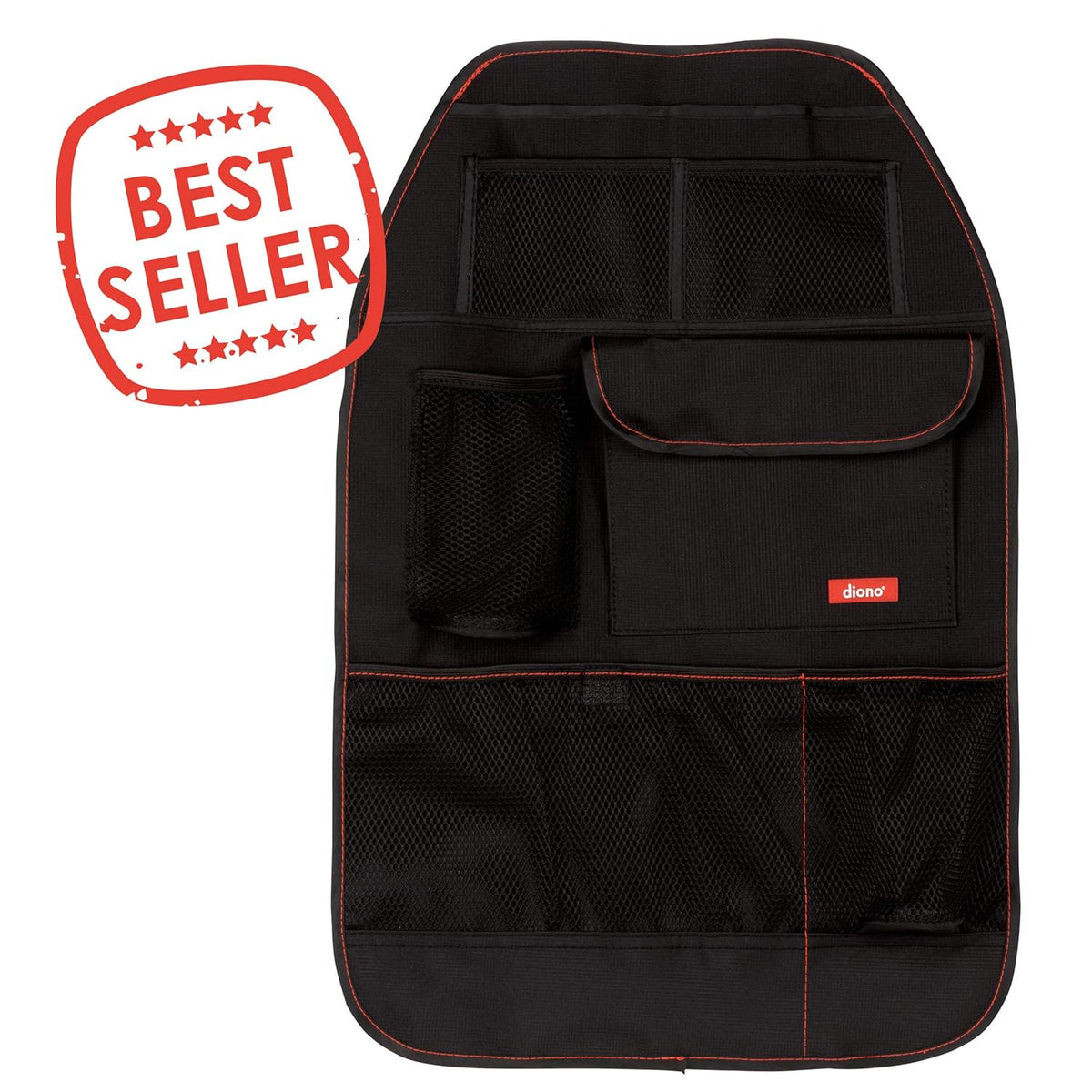 Diono Stow 'n Go Car Back Seat Organizer for Kids, Kick Mat Back Seat Protector, with 7 Storage Pockets, 2 Drinks Holders, Water Resistant, Durable Material, Black , 18x10x9 Inch (Pack of 1)