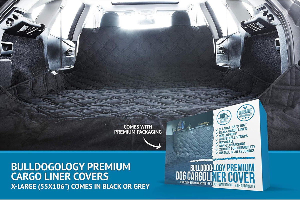 Bulldogology SUV Cargo Liner for Dogs 55"x82" Heavy Duty Pet Trunk Cargo Cover Area - Trunk Cover Car Protector for Dogs Waterproof Nonslip Mat - Dog Cargo Liner SUVs Vans Cars (Large, Black)