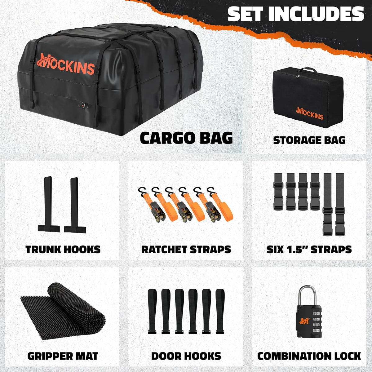 Mockins 35 Cu Ft Black Rooftop Cargo Carrier Bag 60"x42"x24" w/Accessories | Roof Bag Cargo Carrier for Top of Vehicle | Vehicle Soft-Shell Carriers for Car Roof Storage | Use with or w/o Roof Rack