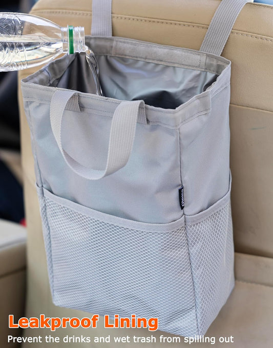 Ginsco New Leak-Proof Travel Car Trash Bag, 3.5 Gallons Large Capacity Hanging Car Trash Can with Hook and Loop Lid and Handle, Multipurpose Trash Bin with Storage Pockets for SUV RV Camping (Black)