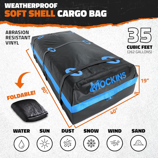 Mockins 35 Cu Ft XL All-Weather Car Rooftop Cargo Carrier Bag 80"x40"x19" | Vehicle Soft-Shell Carriers for Vehicles With or Without Roof Racks | Secure Luggage Bag for Car Roof Storage & Accessories