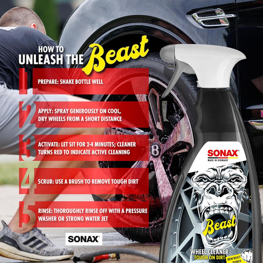 SONAX Beast Wheel Cleaner | Color-Changing Formula for Wheels & Rims | Dissolves Baked-On Contamination, Road Grime & Iron Particles | Safe for Factory and Aftermarket Finishes | 1 Liter | 33.8 oz