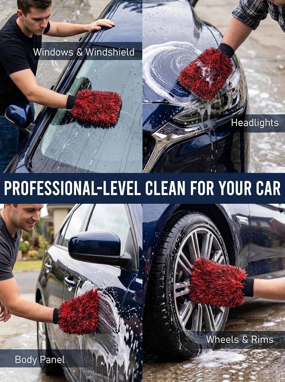 TAKAVU Car Wash Mitt Scratch Free, 2 Pack Microfiber Wash Mitts for Auto Detailing, Soft Lint Free Cleaning Gloves, Holds Sudsy Water, Machine Washable (Blue)