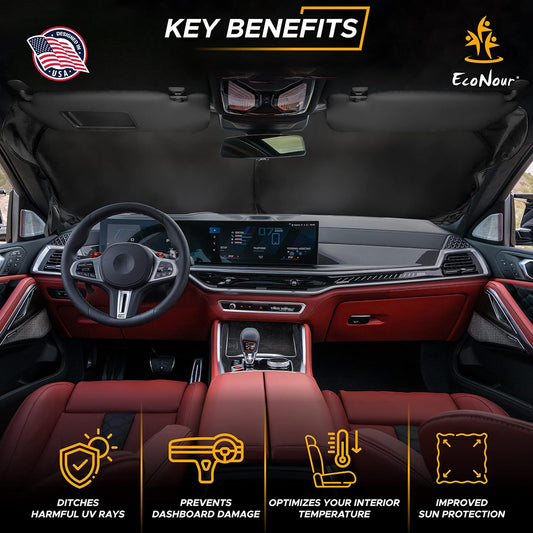 Econour Windshields Sun Shade for Car | Medium Foldable Car Sunshade & Window Tint | UV & Heat Protection Front Window Sun Shield, Keeps Interior Cool, Fits Sedans SUVs & Trucks (57” x 33”)