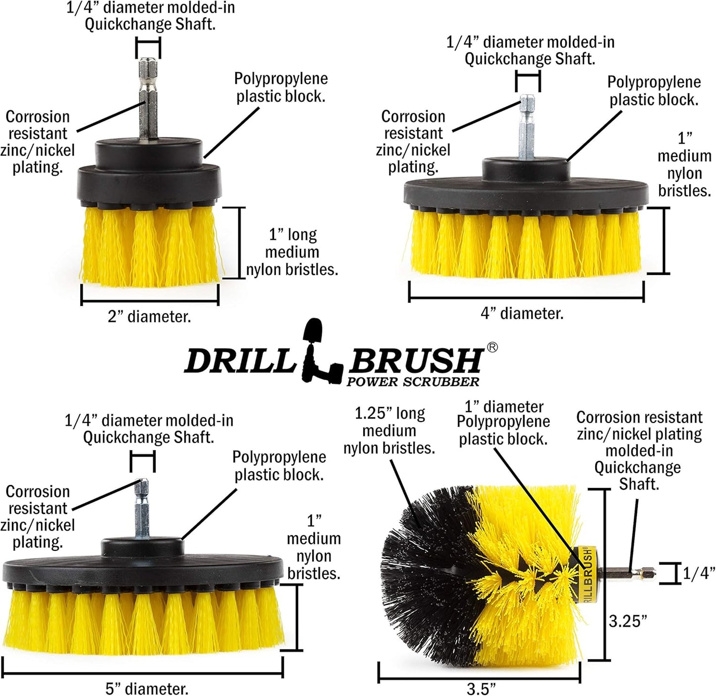 Interior Car Detailing Drill Brush Set - Soft Bristle Power Scrubber Attachments for Cleaning Car, Truck, Upholstery, Carpet, Leather, Seats, Wheels, Rims, Dash, Console, & Trim - Nylon Auto Scrubber