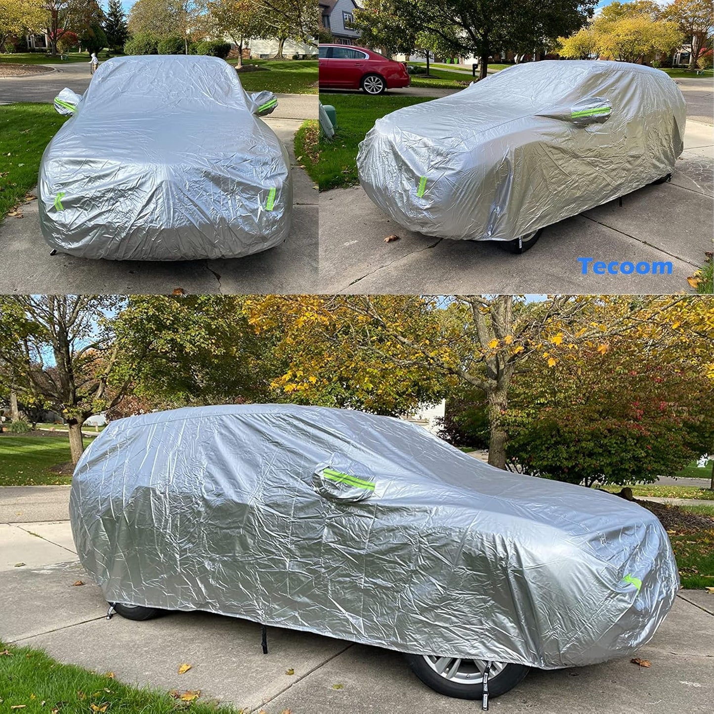 Tecoom Heavy Duty Multiple Layers Car Cover All Weather Waterproof Windproof Reflective Snow Sun Rain Protective Outdoor with Buckles and Belt Fit 191-200 Inches Sedan