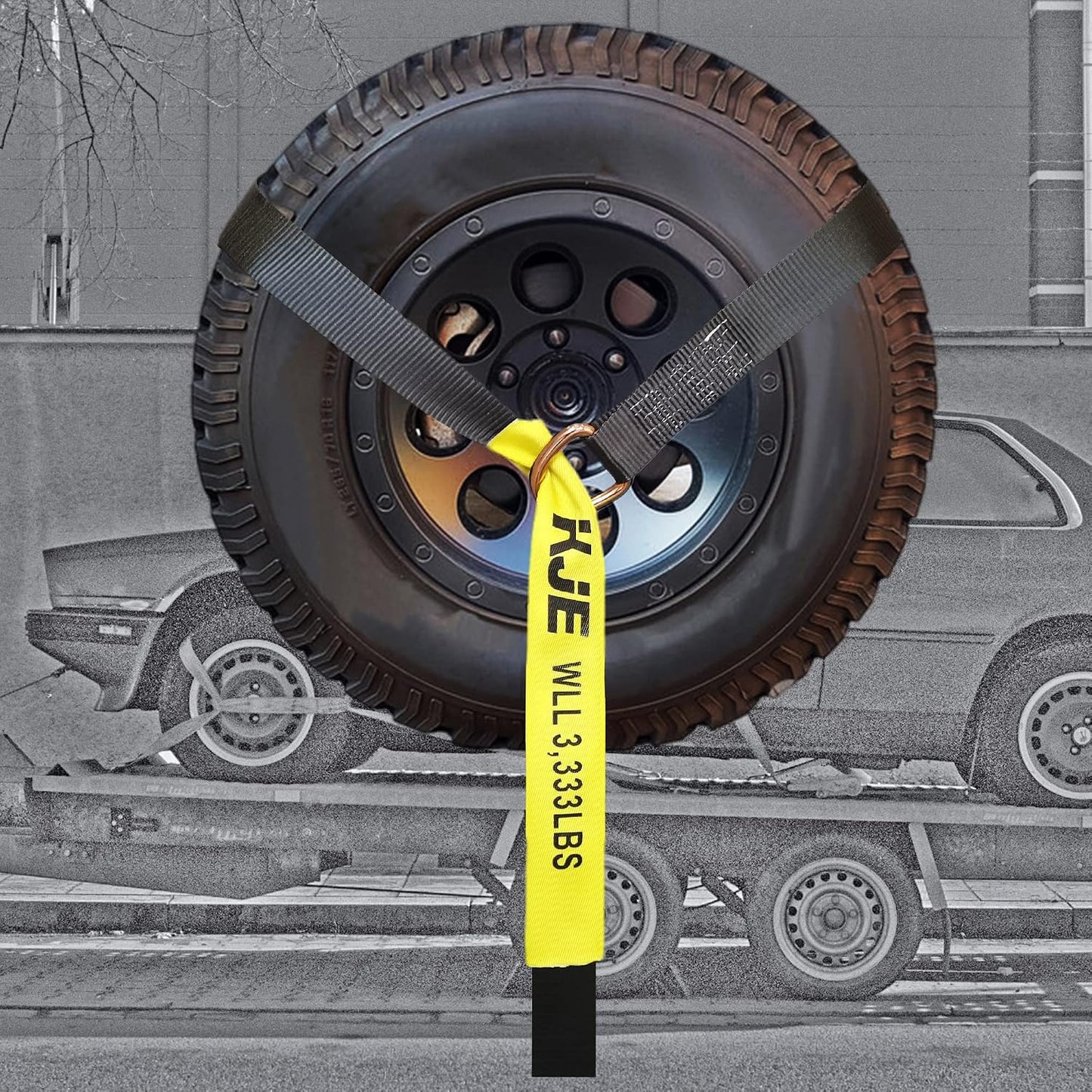 KJE 4 Pack Car Tie Down Straps for Trailers - Tire Ratchet Strap with Flat Hooks - 2" x 10' 10,000LBS Break Strength - Lasso Style Wheel Straps for Hauling UTV, SUV, Any Cars