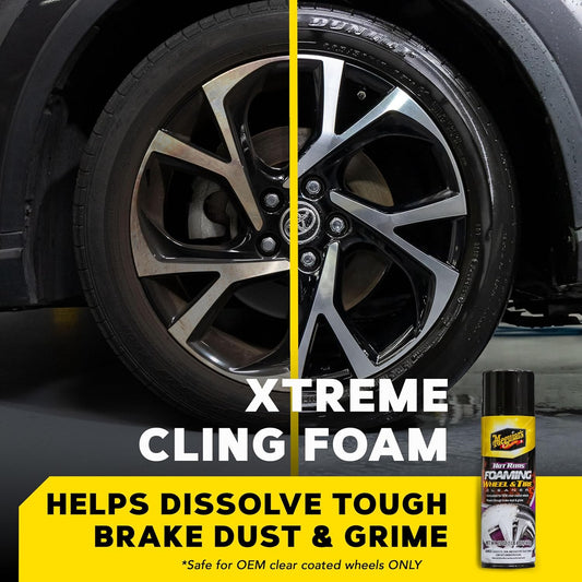 Meguiar's Hot Rims Foaming Wheel & Tire Cleaner - Combines a Wheel and Tire Cleaner in One Product that Quickly Powers through Brake Dust and Grime on OEM Clear Coated Wheels, 20 Oz Foam