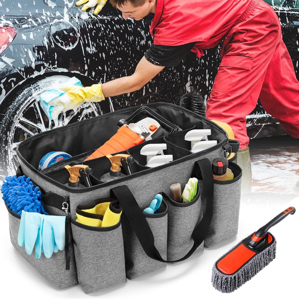 HODRANT Detailing Bag with Polisher Carry Bag, Large Detail Car Care Box for Auto Detailing Supplies, Car Wash Caddy & Trunk Organizer for Buffer Bottle Towel & Cleaning Kit, Black, Patent Design