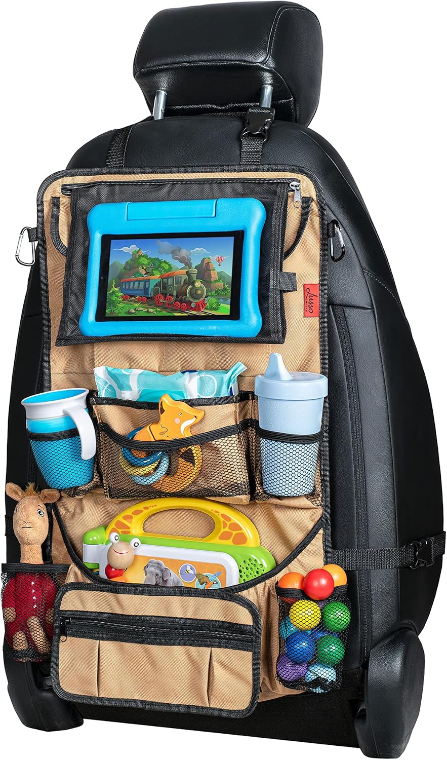 Lusso Gear Backseat Car Organizer- Kick Mat Protects Against Kids Feet - 12 Large Storage Pockets - iPad,Tablet, Water Bottle Holder- Durable, Heavy Duty Road Trip Essential (Black)