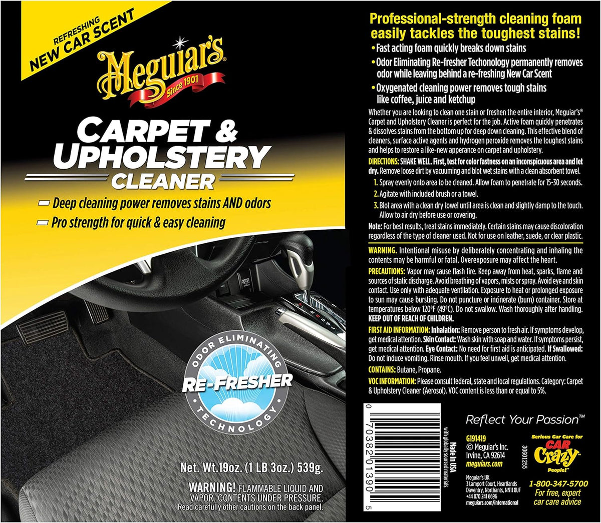 Meguiar's Carpet & Upholstery Cleaner – Deep Cleaning Power Removes Stains and Odors – G9719, 19 oz
