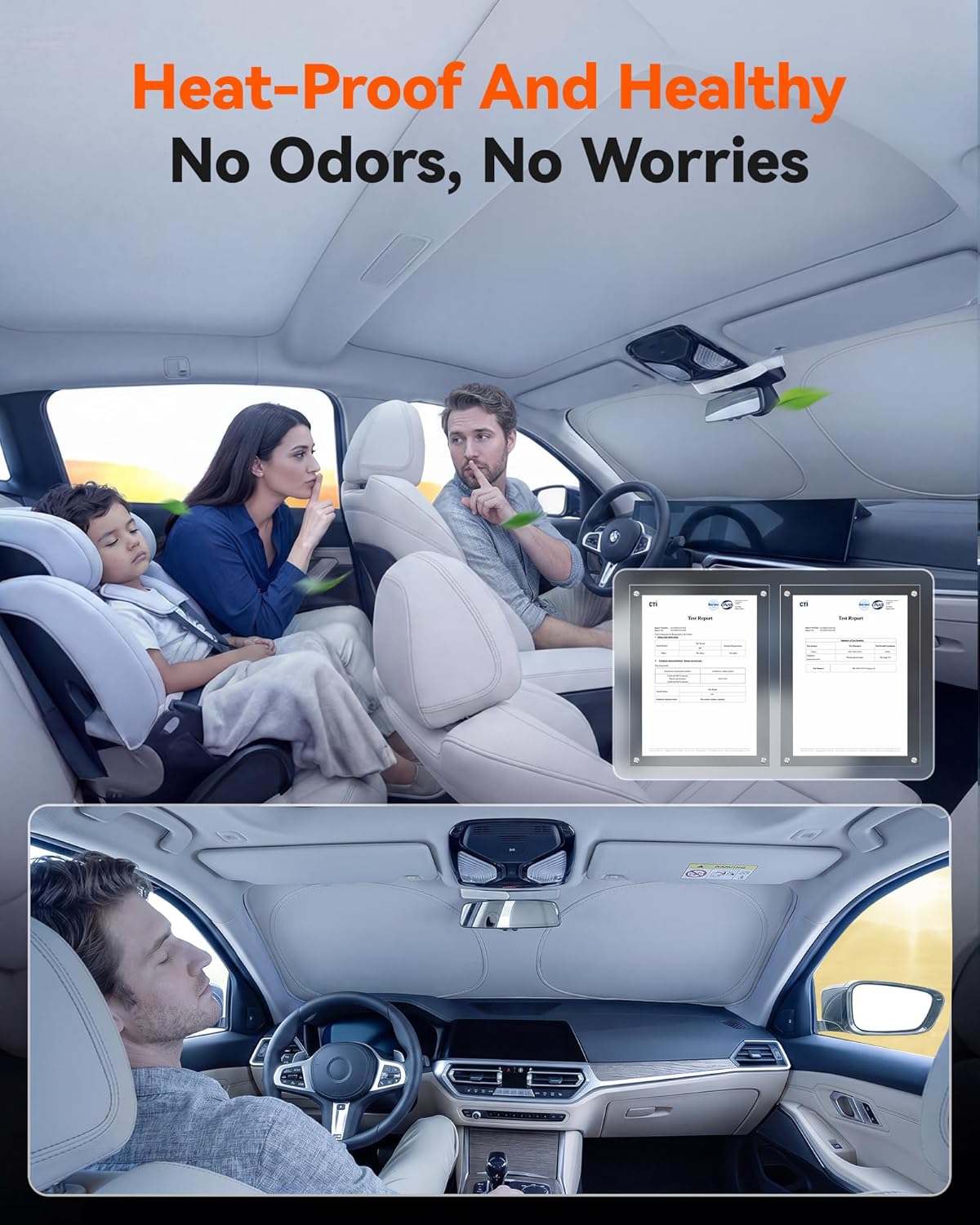WOLFBOX Foldable Car Windshield Sun Shade, Maximum UV & Heat Shield Front Window Sunshade Visor Protector for Car SUV Truck (Black & Beige, XX-Large 69''x35'')