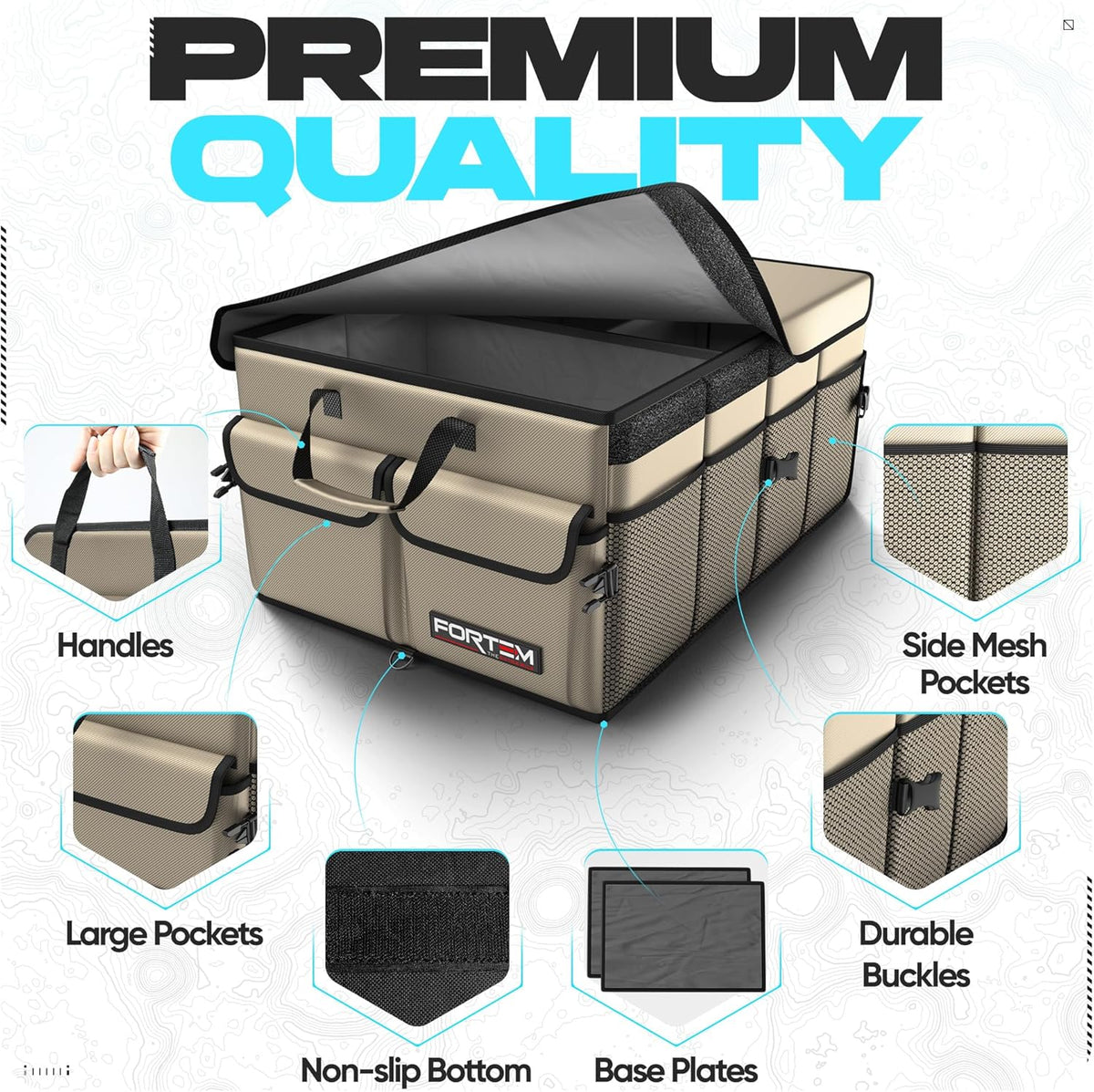 FORTEM Trunk Organizer For SUV Car Trunk Organizer, Foldable Storage, Car Accessories for Women Men, Collapsible Bag, 600D Oxford, Non Slip Bottom, Straps, Soft Cover (65L)