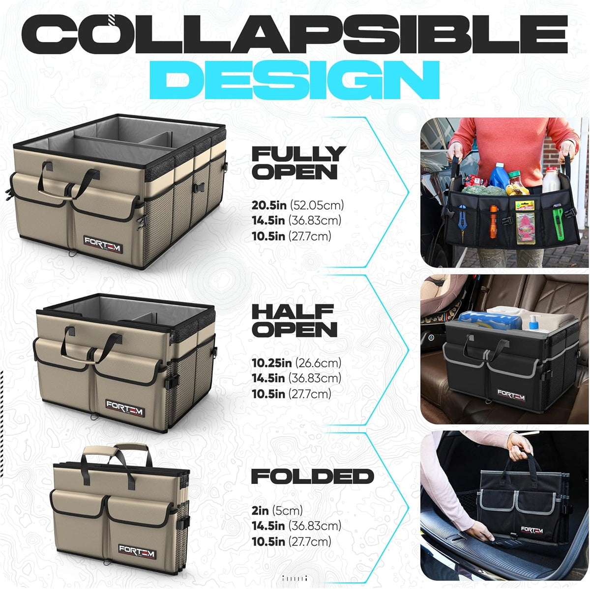 FORTEM Trunk Organizer For SUV Car Trunk Organizer, Foldable Storage, Car Accessories for Women Men, Collapsible Bag, 600D Oxford, Non Slip Bottom, Straps, Soft Cover (65L)