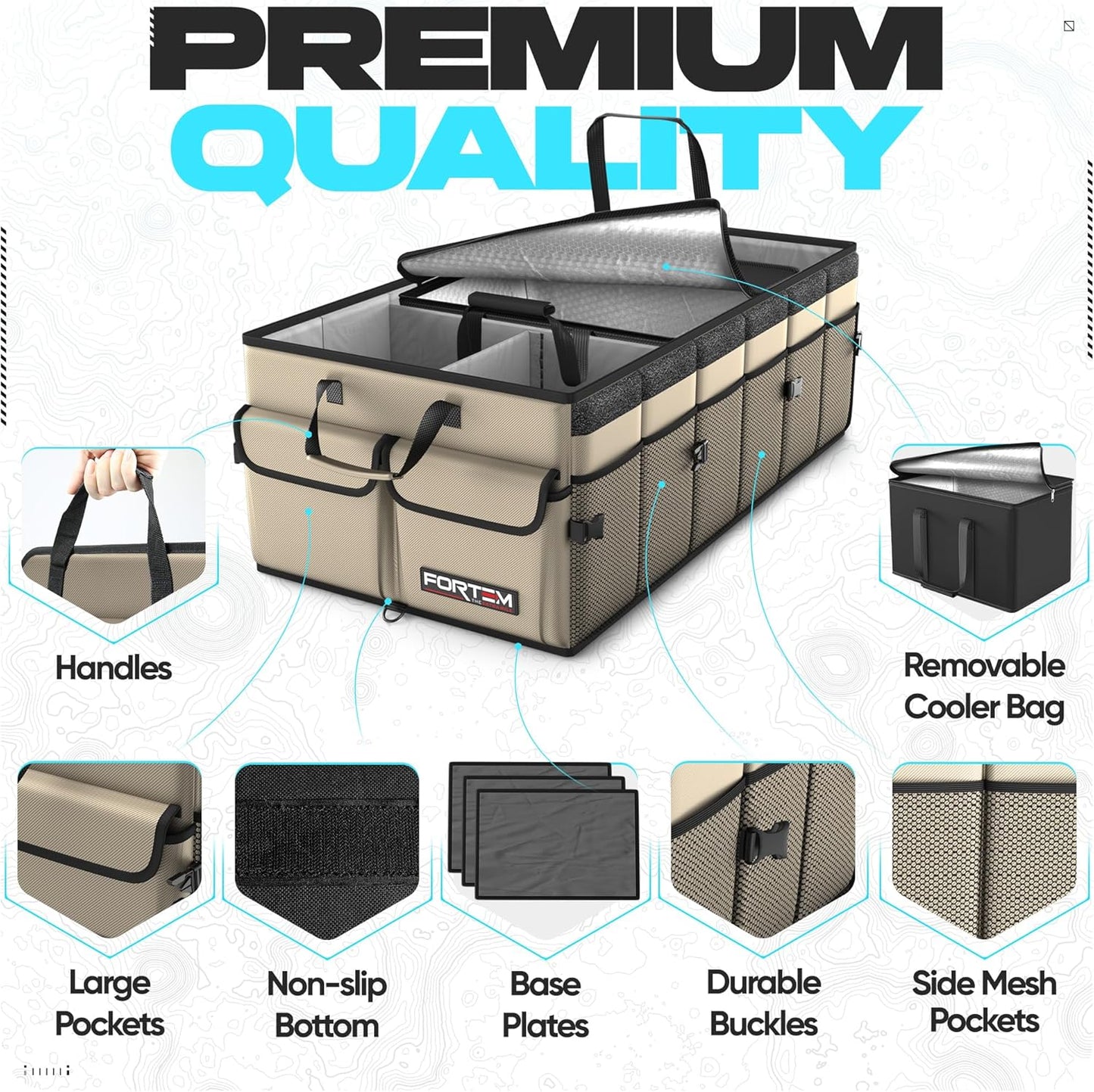 FORTEM Trunk Organizer For SUV Car Trunk Organizer, Foldable Storage, Car Accessories for Women Men, Collapsible Bag, 600D Oxford, Non Slip Bottom, Straps, Soft Cover (65L)