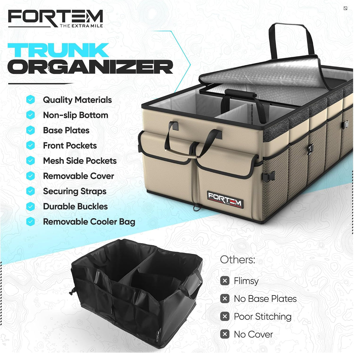 FORTEM Trunk Organizer For SUV Car Trunk Organizer, Foldable Storage, Car Accessories for Women Men, Collapsible Bag, 600D Oxford, Non Slip Bottom, Straps, Soft Cover (65L)