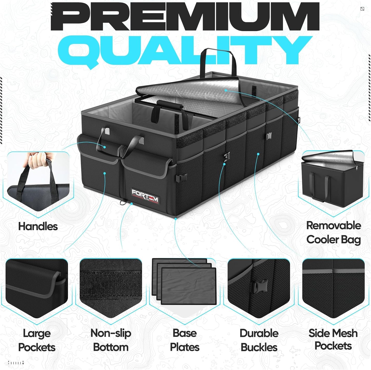 FORTEM Trunk Organizer For SUV Car Trunk Organizer, Foldable Storage, Car Accessories for Women Men, Collapsible Bag, 600D Oxford, Non Slip Bottom, Straps, Soft Cover (65L)