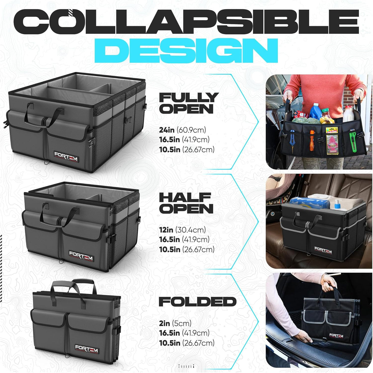 FORTEM Trunk Organizer For SUV Car Trunk Organizer, Foldable Storage, Car Accessories for Women Men, Collapsible Bag, 600D Oxford, Non Slip Bottom, Straps, Soft Cover (65L)