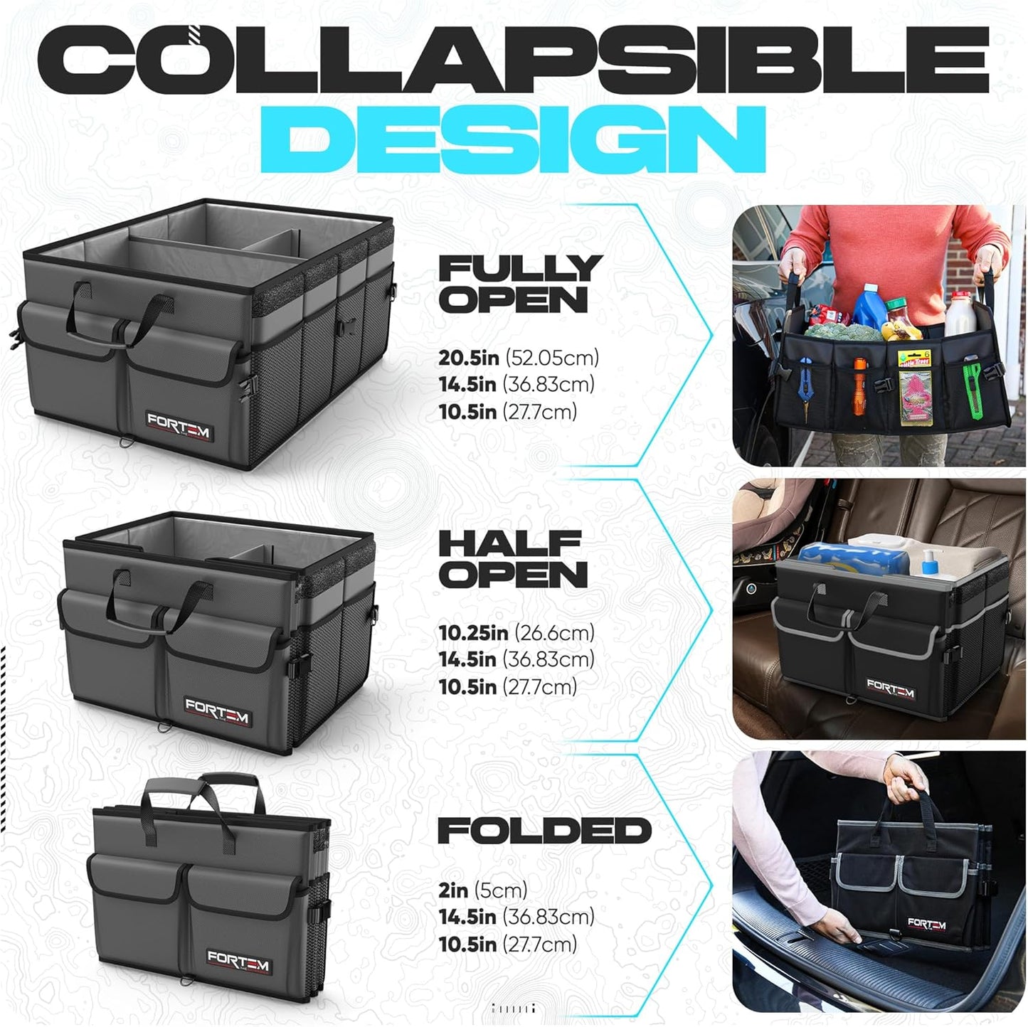 FORTEM Trunk Organizer For SUV Car Trunk Organizer, Foldable Storage, Car Accessories for Women Men, Collapsible Bag, 600D Oxford, Non Slip Bottom, Straps, Soft Cover (65L)
