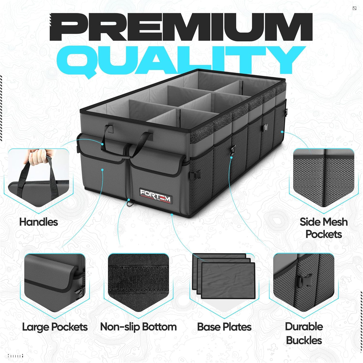 FORTEM Trunk Organizer For SUV Car Trunk Organizer, Foldable Storage, Car Accessories for Women Men, Collapsible Bag, 600D Oxford, Non Slip Bottom, Straps, Soft Cover (65L)