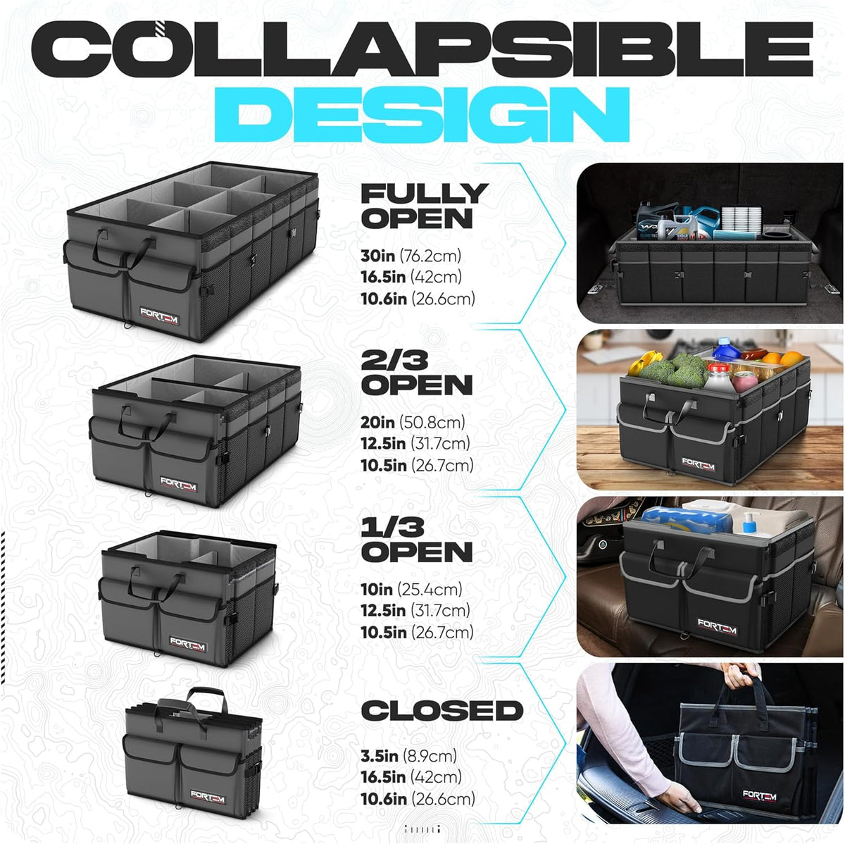 FORTEM Trunk Organizer For SUV Car Trunk Organizer, Foldable Storage, Car Accessories for Women Men, Collapsible Bag, 600D Oxford, Non Slip Bottom, Straps, Soft Cover (65L)