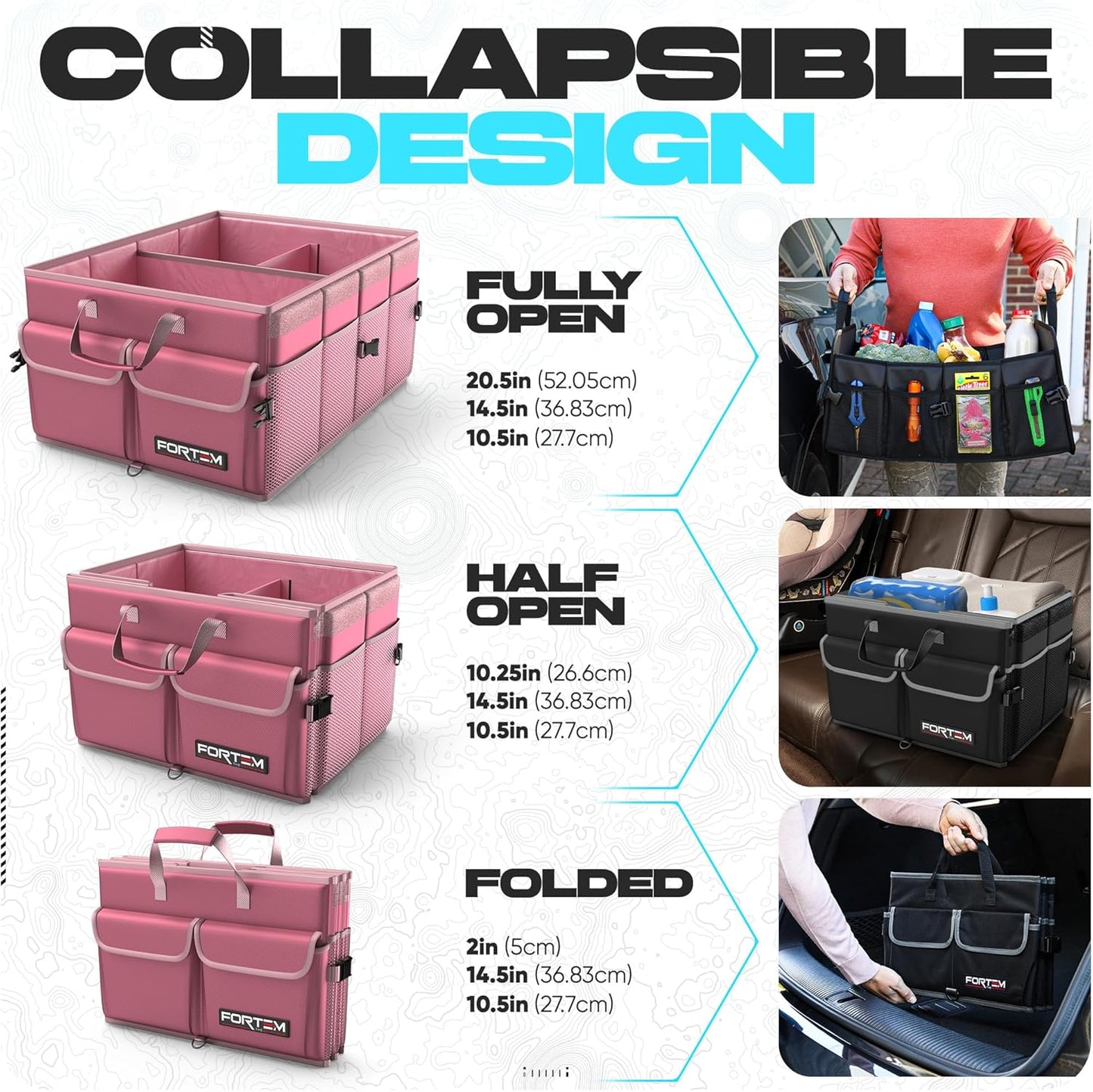 FORTEM Trunk Organizer For SUV Car Trunk Organizer, Foldable Storage, Car Accessories for Women Men, Collapsible Bag, 600D Oxford, Non Slip Bottom, Straps, Soft Cover (65L)