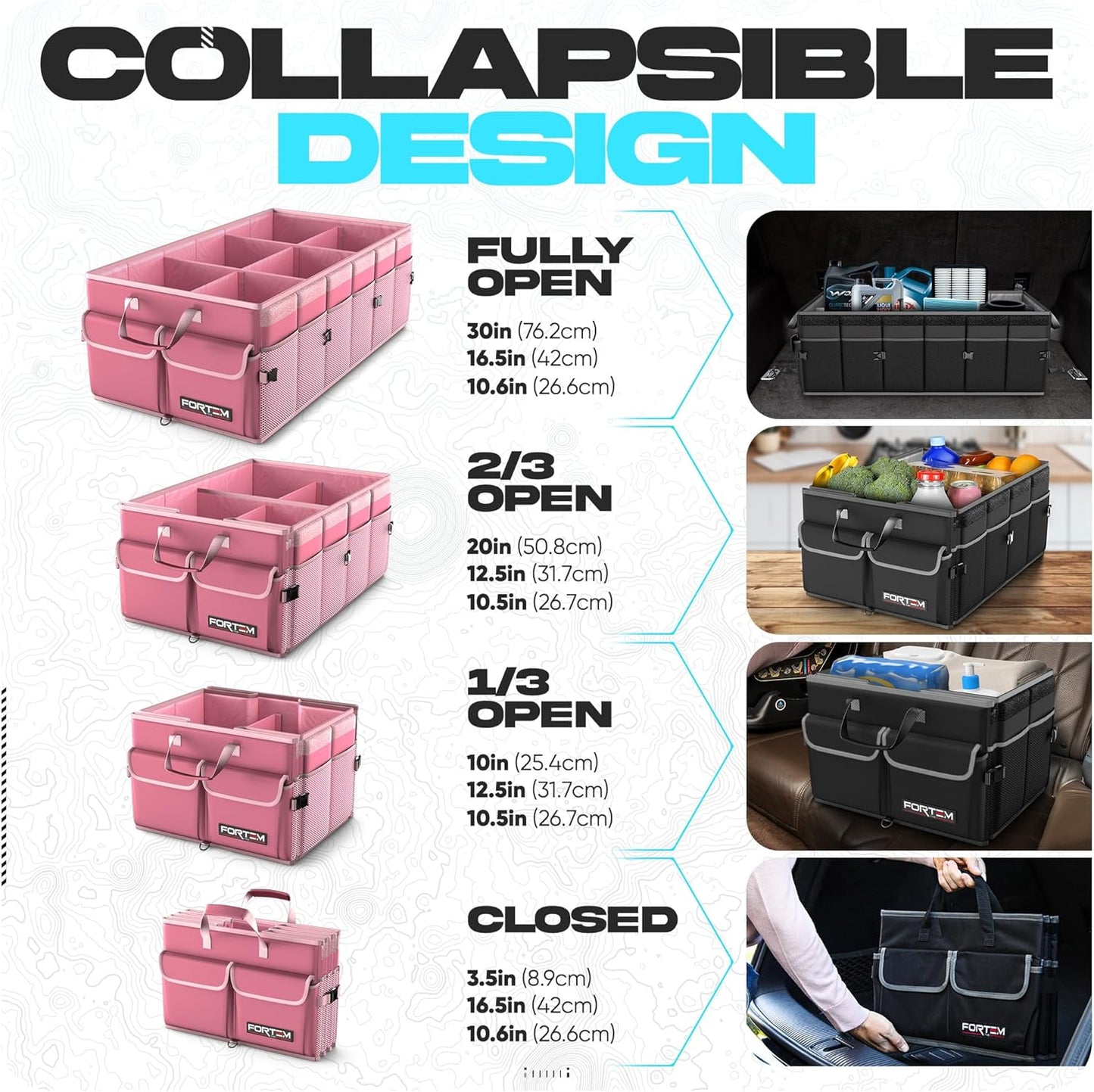 FORTEM Trunk Organizer For SUV Car Trunk Organizer, Foldable Storage, Car Accessories for Women Men, Collapsible Bag, 600D Oxford, Non Slip Bottom, Straps, Soft Cover (65L)
