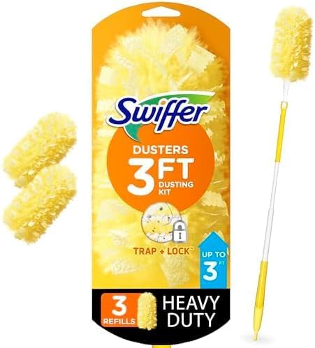 Swiffer Duster Kit with 3 ft Extendable Handle, Heavy Duty Dusting Starter Kit with 3 Refills, for Ceiling Fans, Vents and Hard to Reach Places