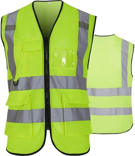 6 Pockets Class 2 Safety Vest for Men Women High Visibility Reflective Construction Vests, Meets ANSI Standard