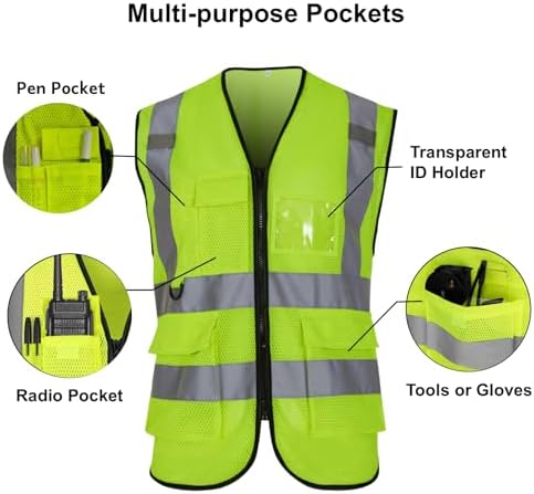 6 Pockets Class 2 Safety Vest for Men Women High Visibility Reflective Construction Vests, Meets ANSI Standard