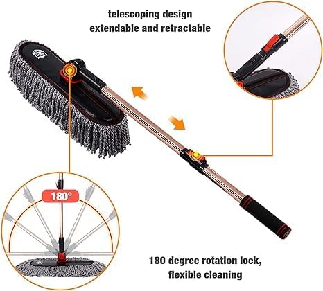 Car Duster Exterior with Extendable Handle, Scratch Free Auto Wash Brush Mop, Interior Detailing Kit for Truck RV Boat - Wax Cotton Duster & Interior Brush, Red