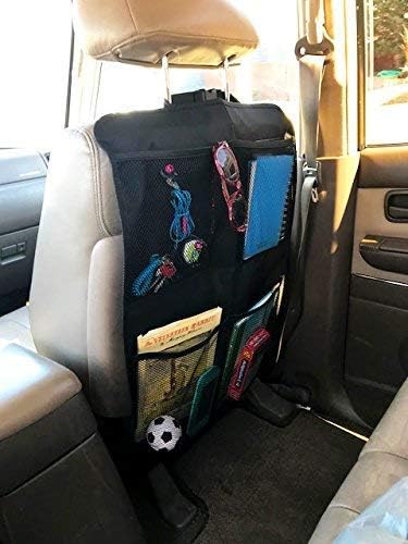 Premium Car Kick Mat and Organizer (2-Pack) – BOGO Waterproof Protection – Mesh Storage – Universal Fit – Protects and Stores Tablets, Toys, and Phones