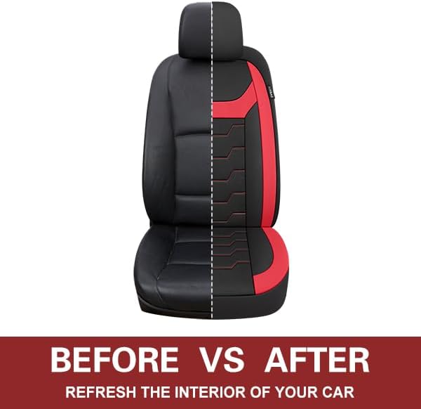 CAROMOP Luxury PU Leather Car Seat Covers Full Set-Waterproof Seat Protectors with Split Bench Seat Covers for Cars-Universal Cars Interior Covers for Sedans, SUVs, Pick-up Trucks(Gray/Gray Line)